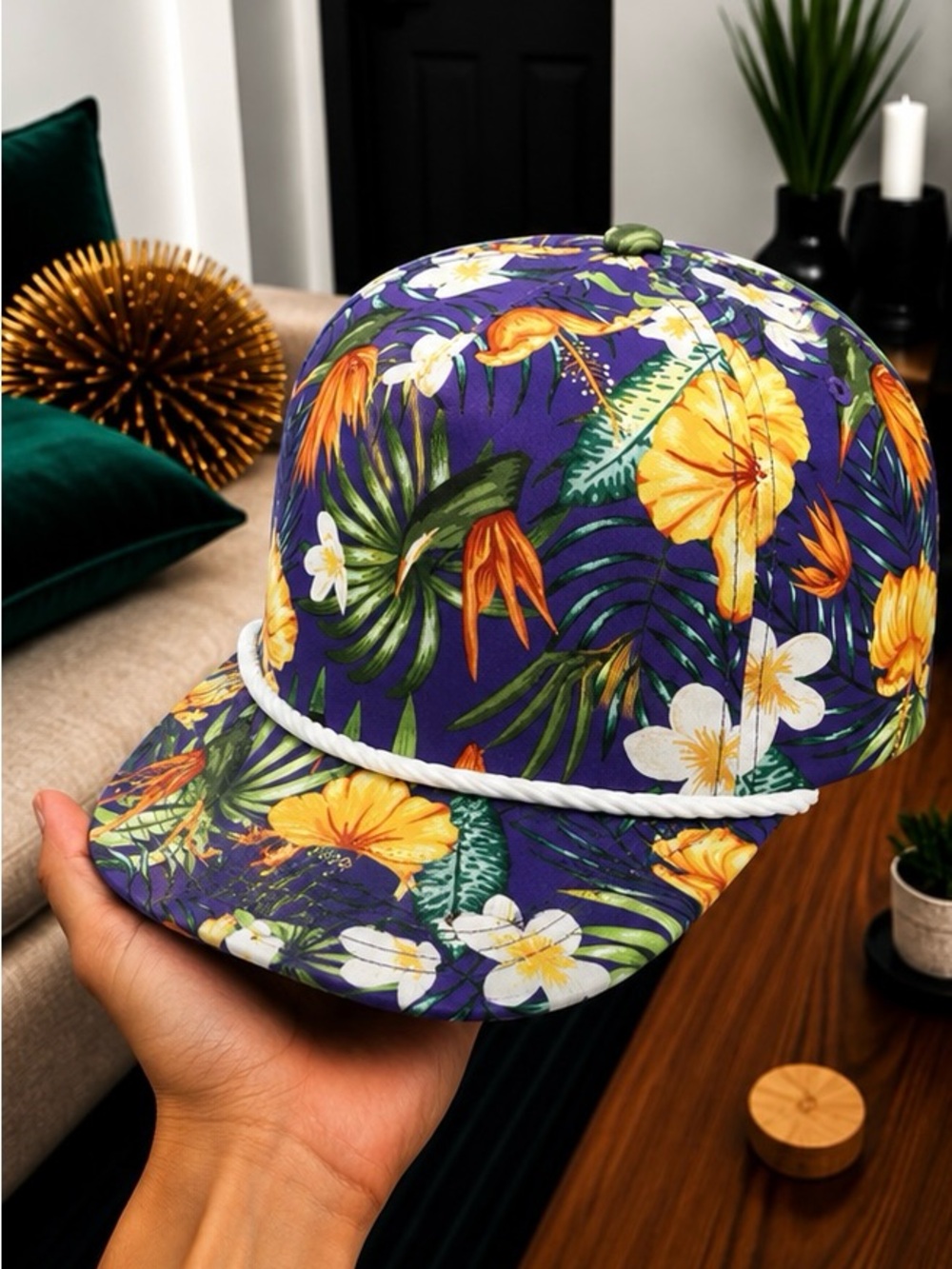 Purple Tropical Floral Snapback Hat | Flat Bill Rope Cap | Summer Beach